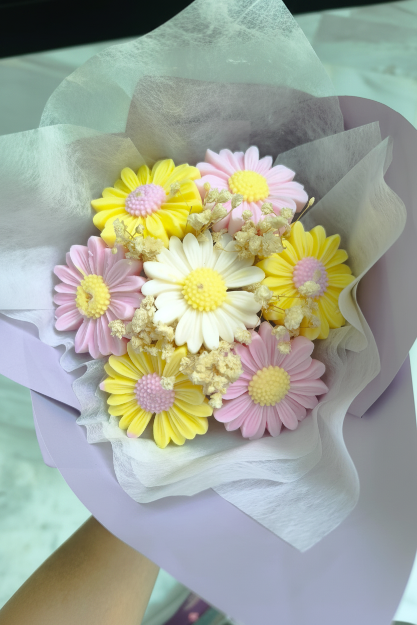 Ramo de velas margaritas rosa y amarillo - mejorado