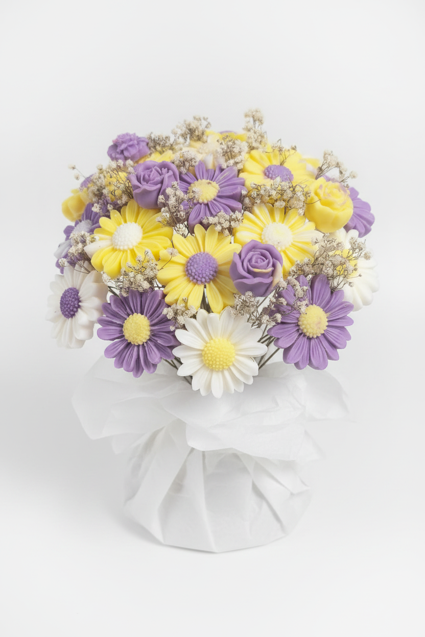 Ramo velas margaritas amarillas y lilas con paniculata - mejorado